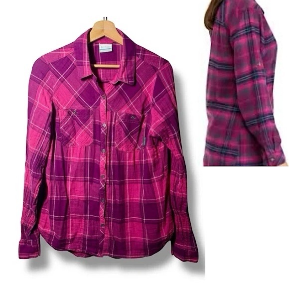 Columbia Women's Pink Button-Down Plaid Shirt - Picture 1 of 7